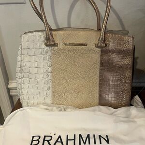 Brahmin Cream and Gold Shoulder Bag with Textured Sophistication